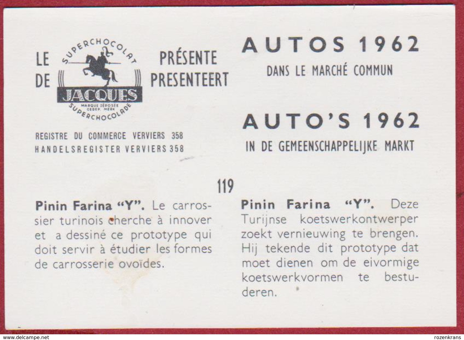 Chromo Chocolade Jacques Auto Autos Retro Voiture Car 1962 Nr. 119 Pinin Farina 'Y' - Jacques