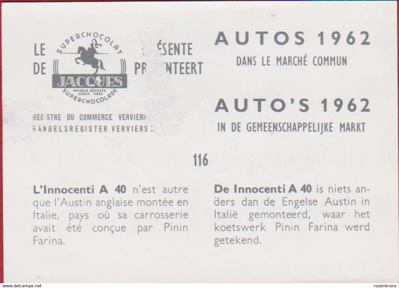 Chromo Chocolade Jacques Auto Autos Retro Voiture Car 1962 Nr. 116 De Innocenti A 40 Pinin Farina Austin '60s - Jacques