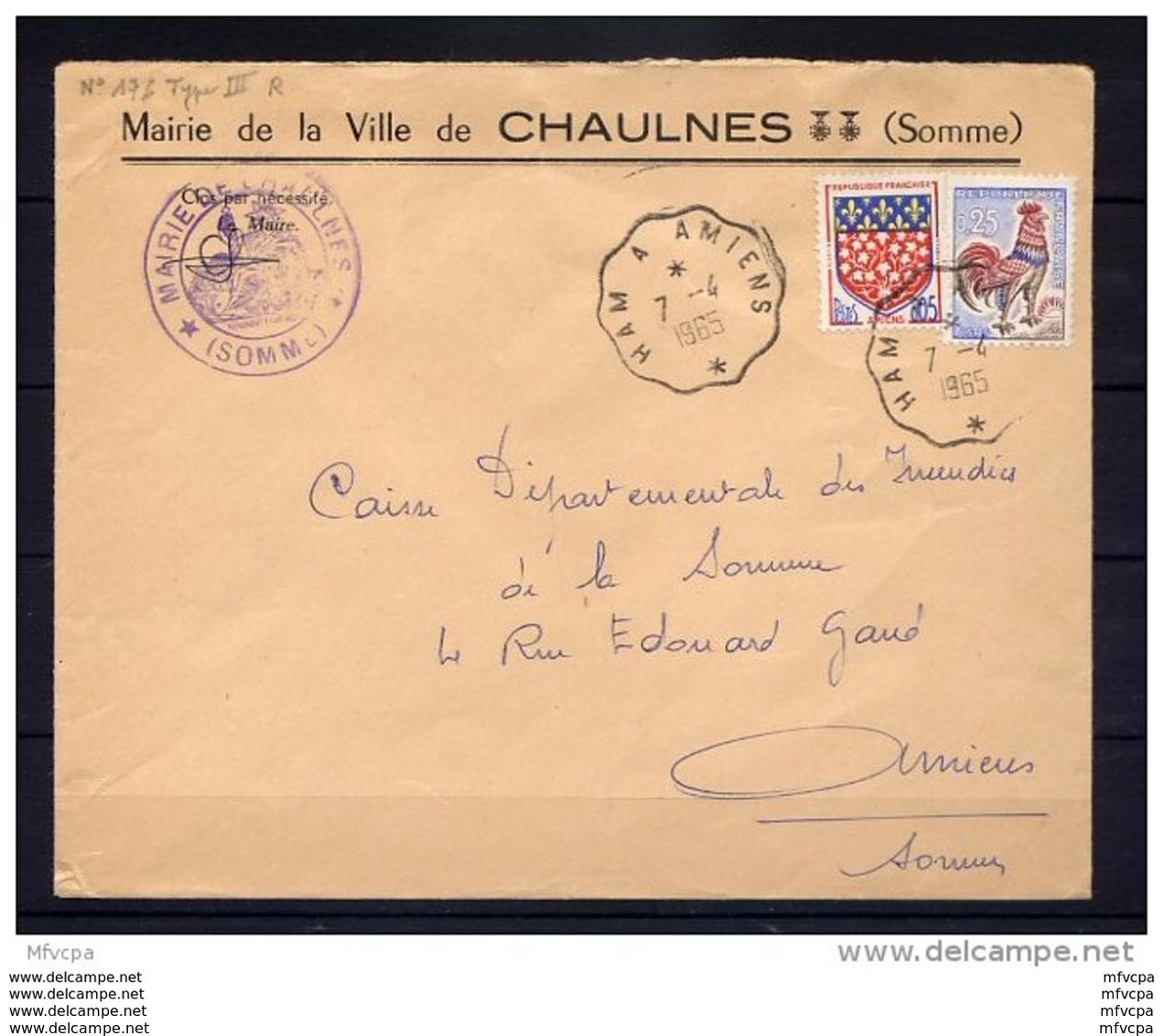 Am3274 Convoyeur Amiens A HAM R TypeIII / Cocq 0.25 Amiens 0.05  Lettre Mairie Chaulnes  (80) 0/04/1965 - Poste Ferroviaire