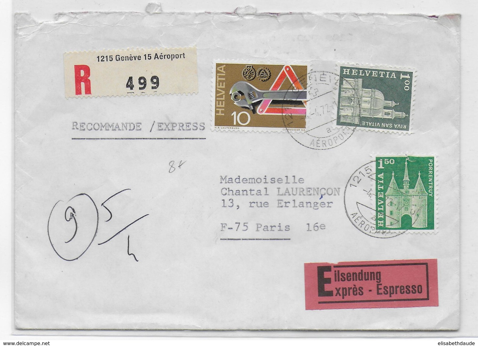 SUISSE - 1972 - ENVELOPPE Par EXPRES RECOMMANDEE De GENEVE AEROPORT => PARIS - Brieven En Documenten