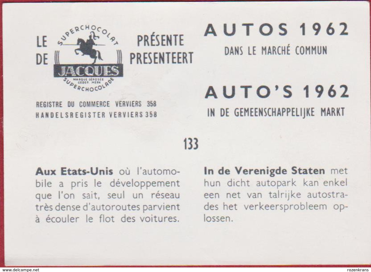 Chromo Chocolade Jacques Auto Autos Retro Voiture Car 1962 Nr. 133 United States Etats-Unis '60s - Jacques
