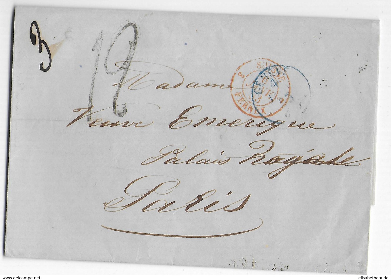 SUISSE - 1853 - LETTRE De GENEVE => PARIS Avec ENTREE Par FERNEX "3" - TAXE 12 Et 3 TAMPON + MANUSCRITE - Poststempel