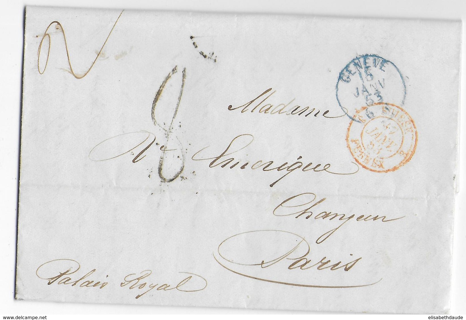 SUISSE - 1853 - LETTRE De GENEVE => PARIS Avec ENTREE Par FERNEX "3" - TAXE 8 TAMPON Et 2 MANUSCRITE - Marcofilia