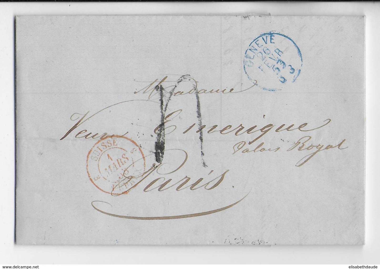 SUISSE - 1853 - LETTRE De GENEVE => PARIS Avec ENTREE Par FERNEX - Marcofilia