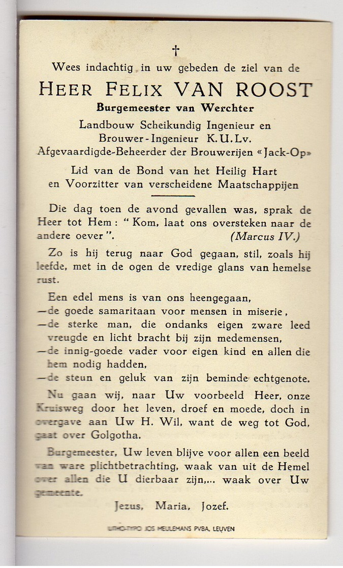 Doodsprentje Felix VAN ROOST °1904 Werchter BURGEMEESTER BROUWER INGENIEUR JACK-OP +1956 Werchter // CEULEN - Andachtsbilder