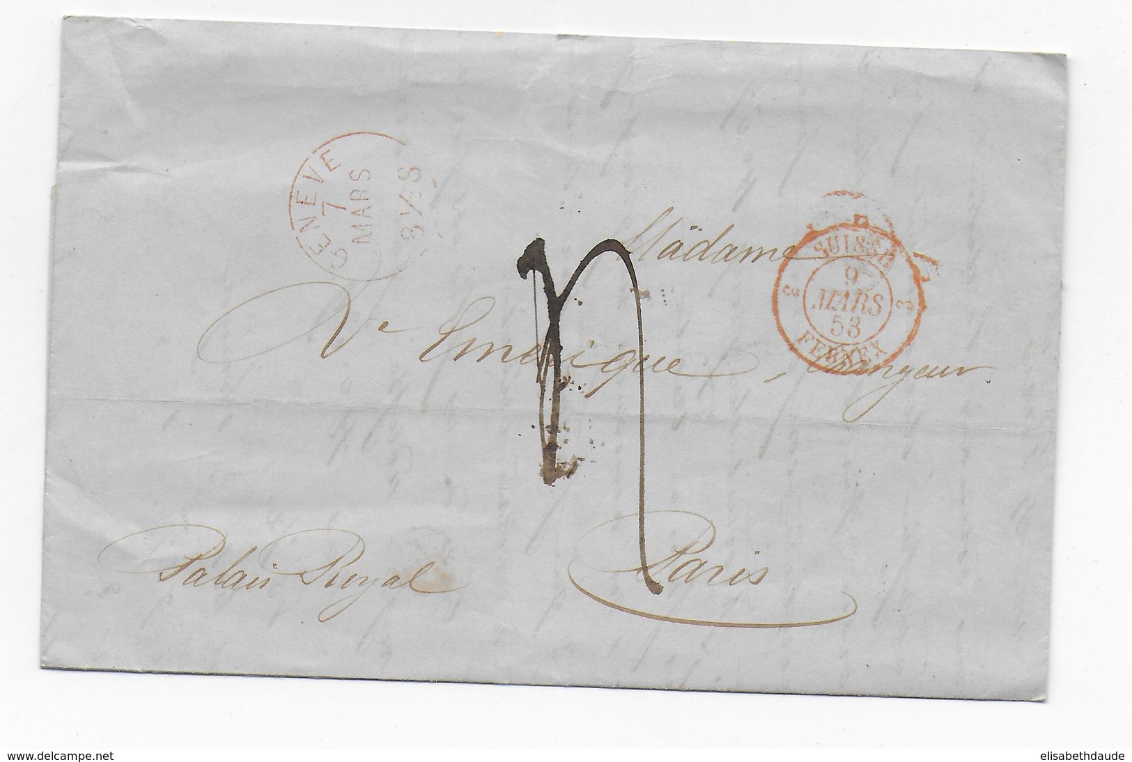 SUISSE - 1853 - LETTRE De GENEVE => PARIS Avec ENTREE Par FERNEX - Marcofilia