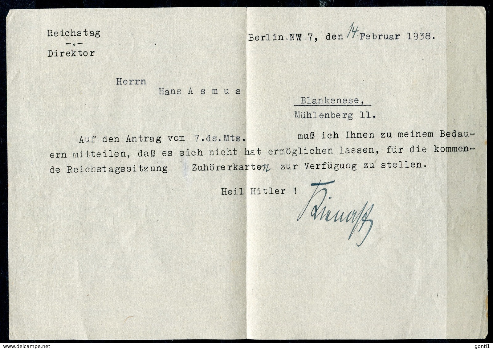 German Empires 1938 Dienstbrief/Cover Frei Durch Ablösung M. Seltenen Tstp"Berlin NW Reichstag 15.2.38"mit Inhalt"1Beleg - Lettres & Documents
