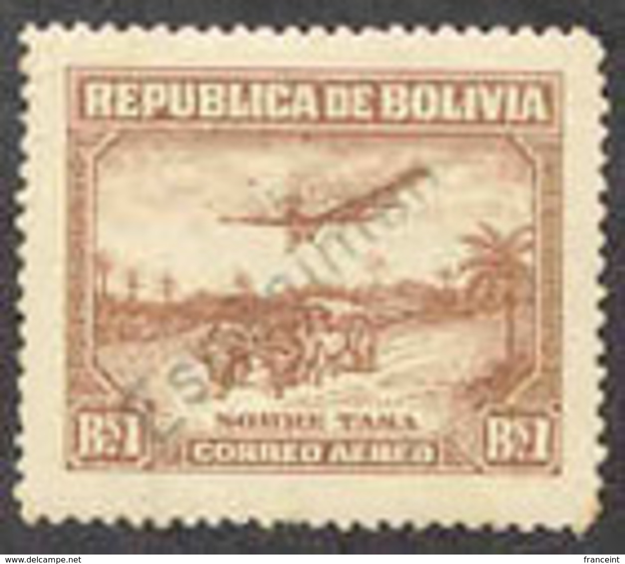 BOLIVIA (1930c) Plane. Bullock Cart. Airmail Issue Overprinted "Espécimen". Scott No C32, Yvert No PA9. - Bolivië