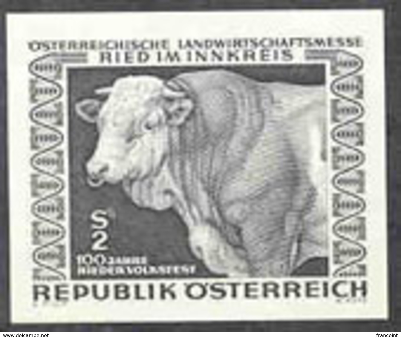 AUSTRIA (1967) Prize Bull "Mucki". Black Print, Centenary Of Ried Festival And Agricultural Fair. Scott No 795 - Proeven & Herdruk