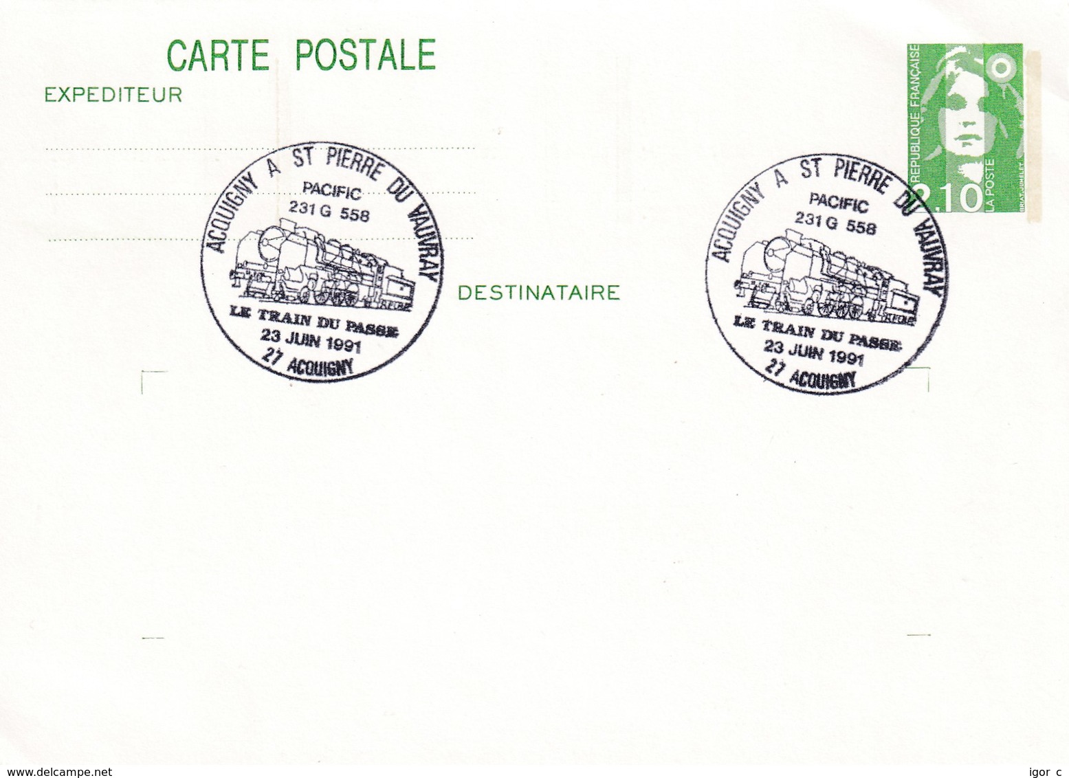 France 1991 Postal Stationery Card: Railway Trains; The Train Of The Past; Pacific 231 G 558; Acouigny Cancellation - Treinen