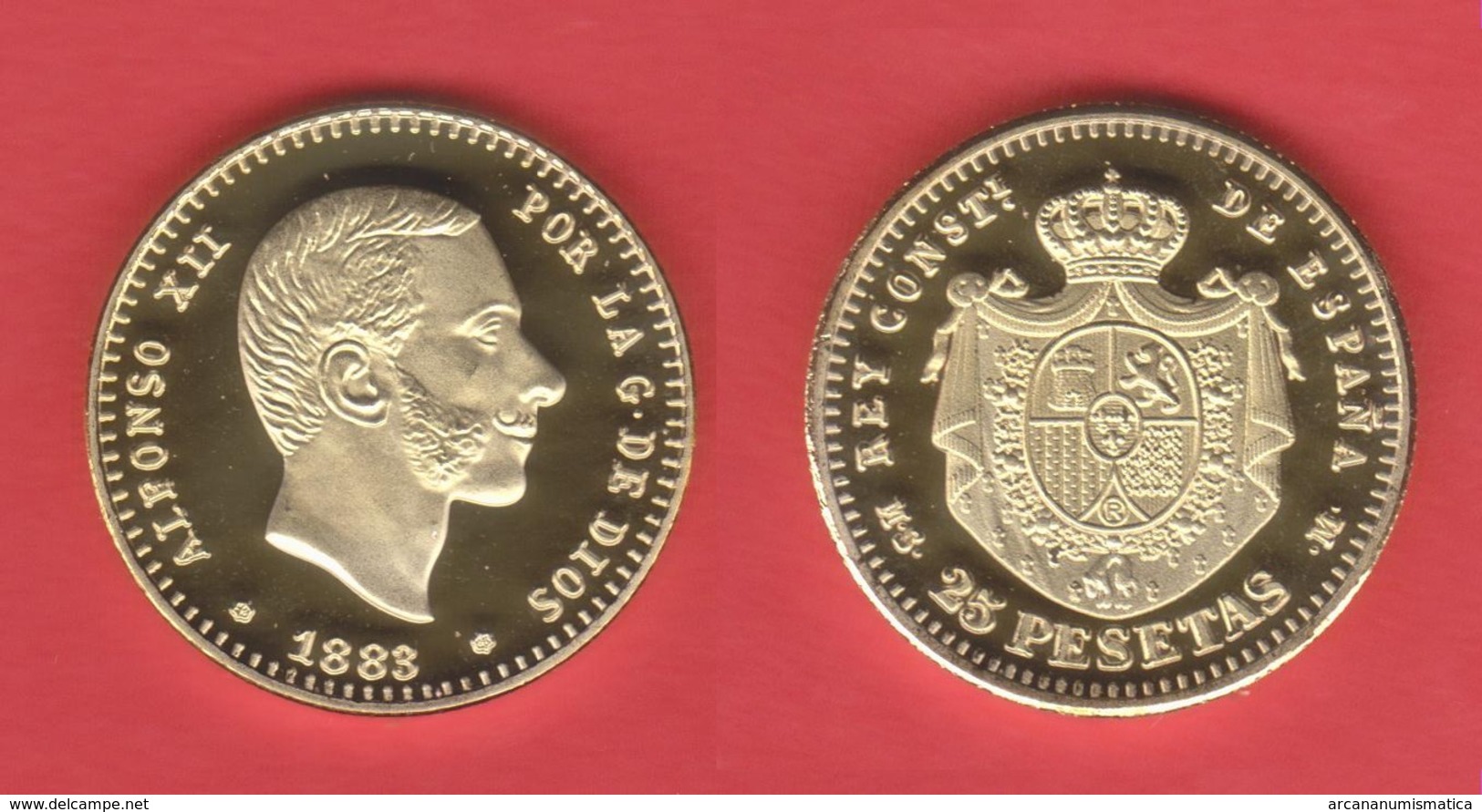 ESPAÑA / REY ALFONSO XII (1.874-1.885) 25 PESETAS 1.883 #18-83 MS M Madrid Oro Proof SC Réplica   T-DL-13.012 - Test- Und Nachprägungen