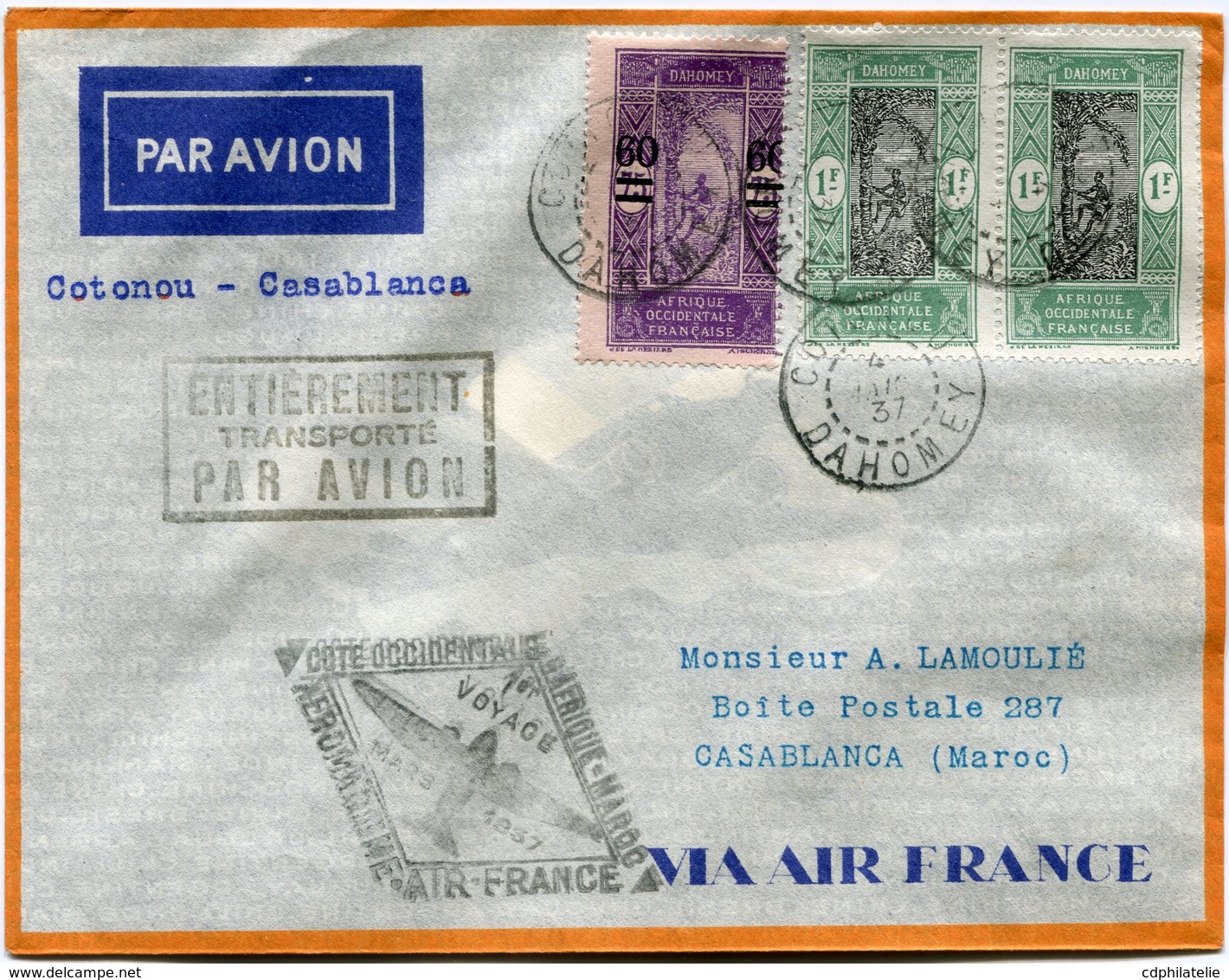 DAHOMEY LETTRE PAR AVION AVEC CACHET "ENTIEREMENT TRANSPORTE PAR AVION" + CACHET "....AEROMARITIME 1er VOYAGE MARS 1937" - Storia Postale