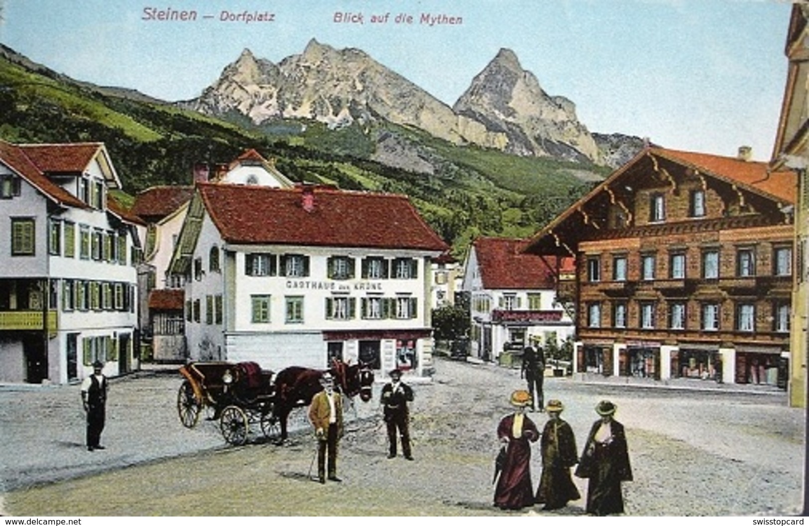 STEINEN SCHWYZ Dorfplatz Blick Auf Die Mythen Pferde-Kutsche Gasthaus Schützengarten - Steinen