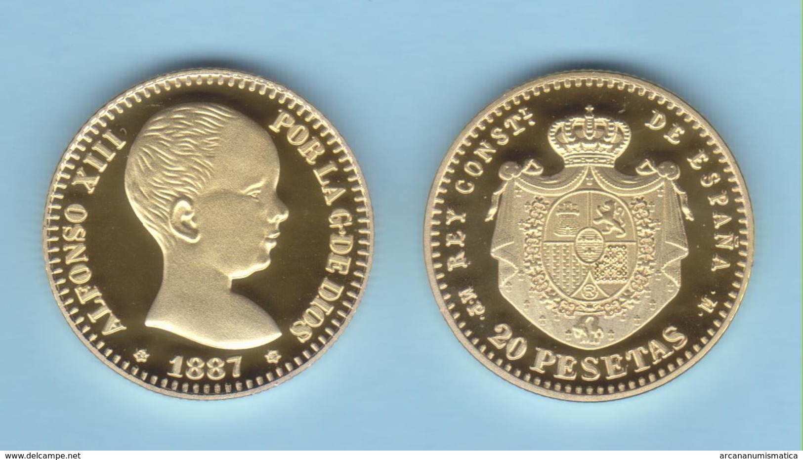 ESPAÑA / REY ALFONSO XIII (1.886-1.931) 20 PESETAS 1.887 #18-87 "PELÓN" MP M Madrid Oro Proof SC Réplica   T-DL-13.016 - Test- Und Nachprägungen