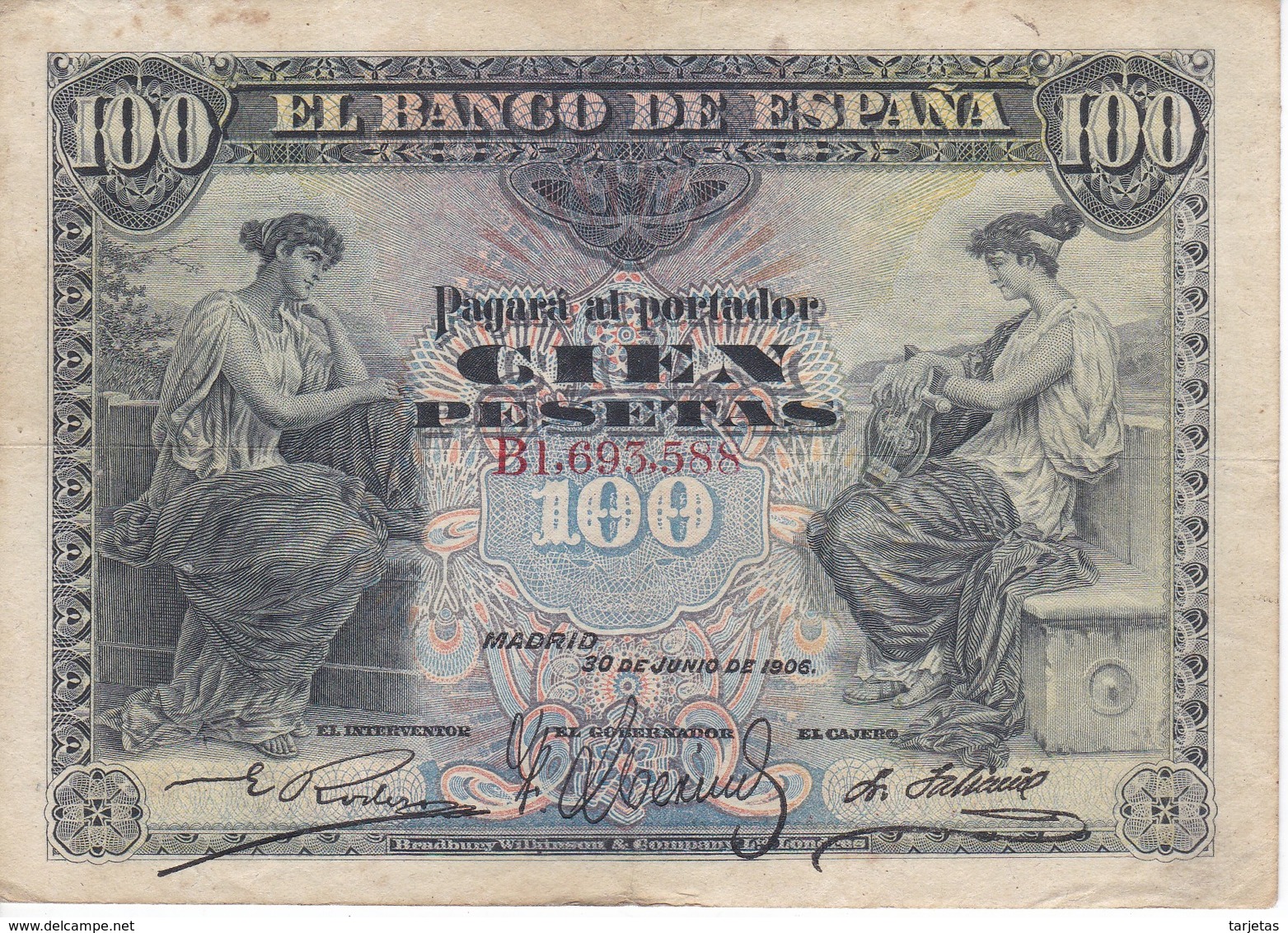 BILLETE DE ESPAÑA CLASICO DE 100 PTAS DEL AÑO 1906 SERIE B  (BANKNOTE)  RARO Y DIFICIL - 100 Pesetas