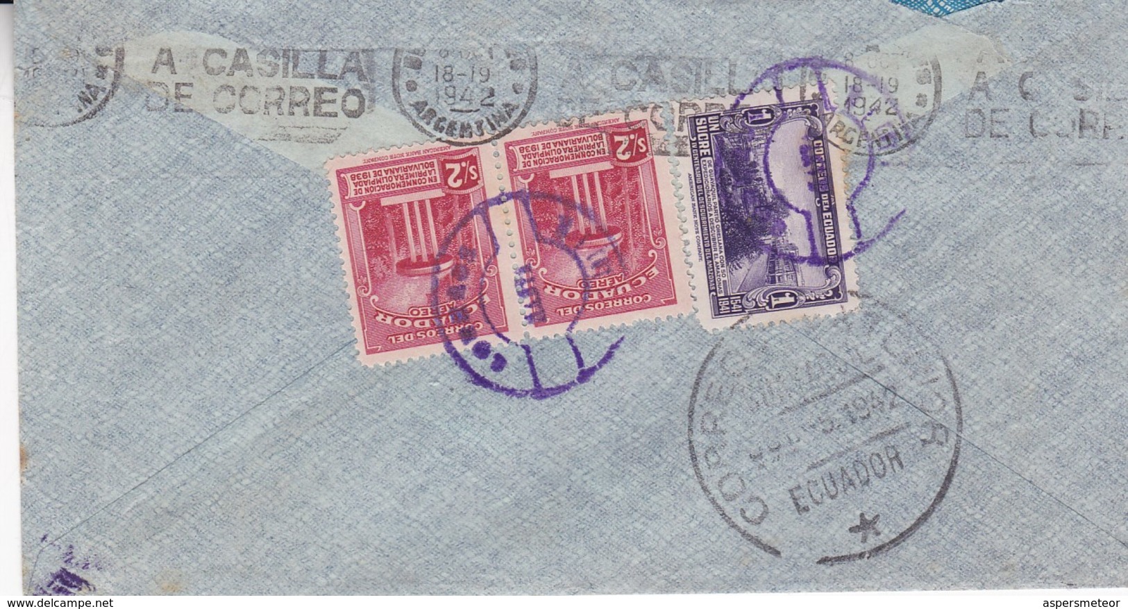 EQUATEUR ENVELOPE CIRCULEE DE MANTA A BUENOS AIRES, ARGENTINE ANNEE 1942 PAR AVION BANDELETA -LILHU - Ecuador