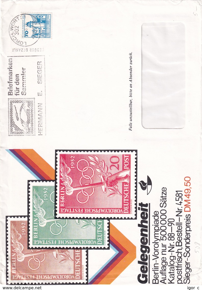 Germany 1989 Cover: Olympic Games Helsinki 1952; Torch; Zeppelin Slogan Cancellation - Sommer 1952: Helsinki