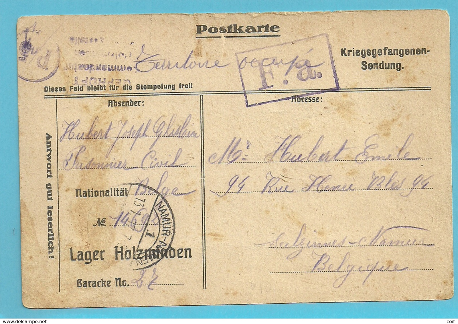 Kriegsgefangenenpost Van Prisoniers Civil Belge / Lager HOLZMINDEN Naar NAMUR, Geschreven "Territoire Occupé" - Kriegsgefangenschaft