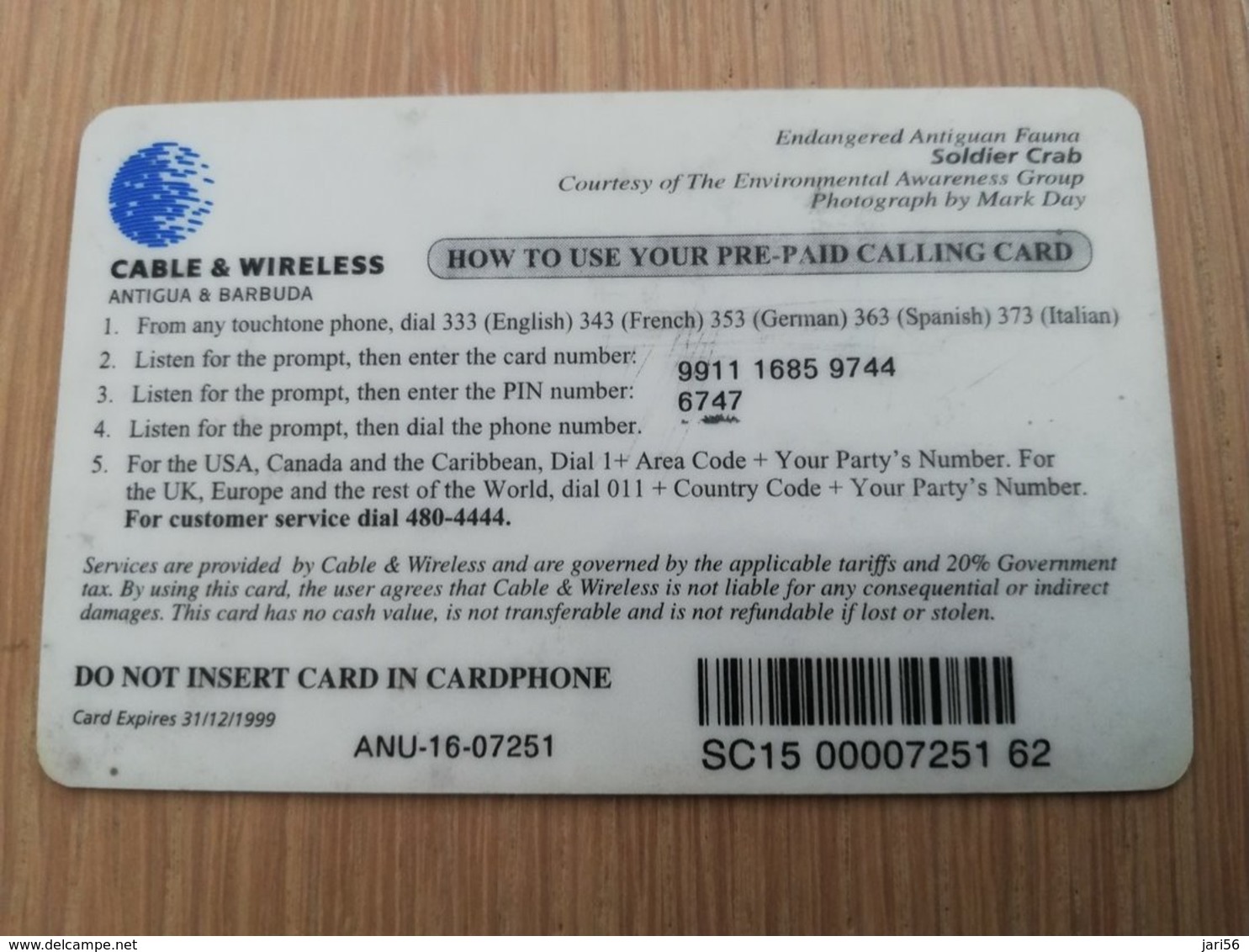 ANTIGUA  $ 15,- SOLDIER CRAB   ANU-16    Prepaid      Fine Used Card  ** 2046** - Antigua And Barbuda