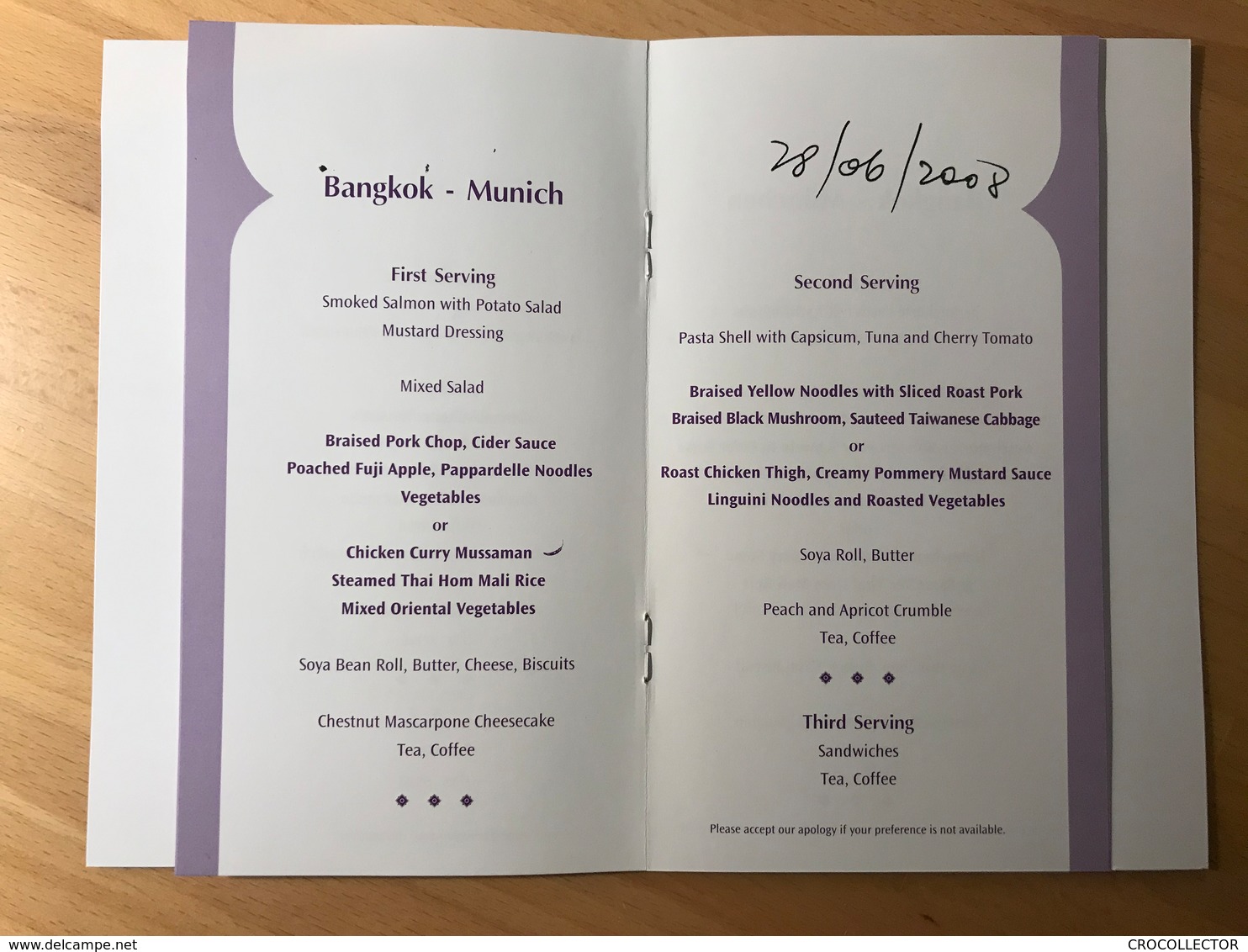 THAI AIRWAYS Taste Menu  Bangkok - Munich - TG924 Y MENU C: MAR/JUN/SEP/DEC - Menus