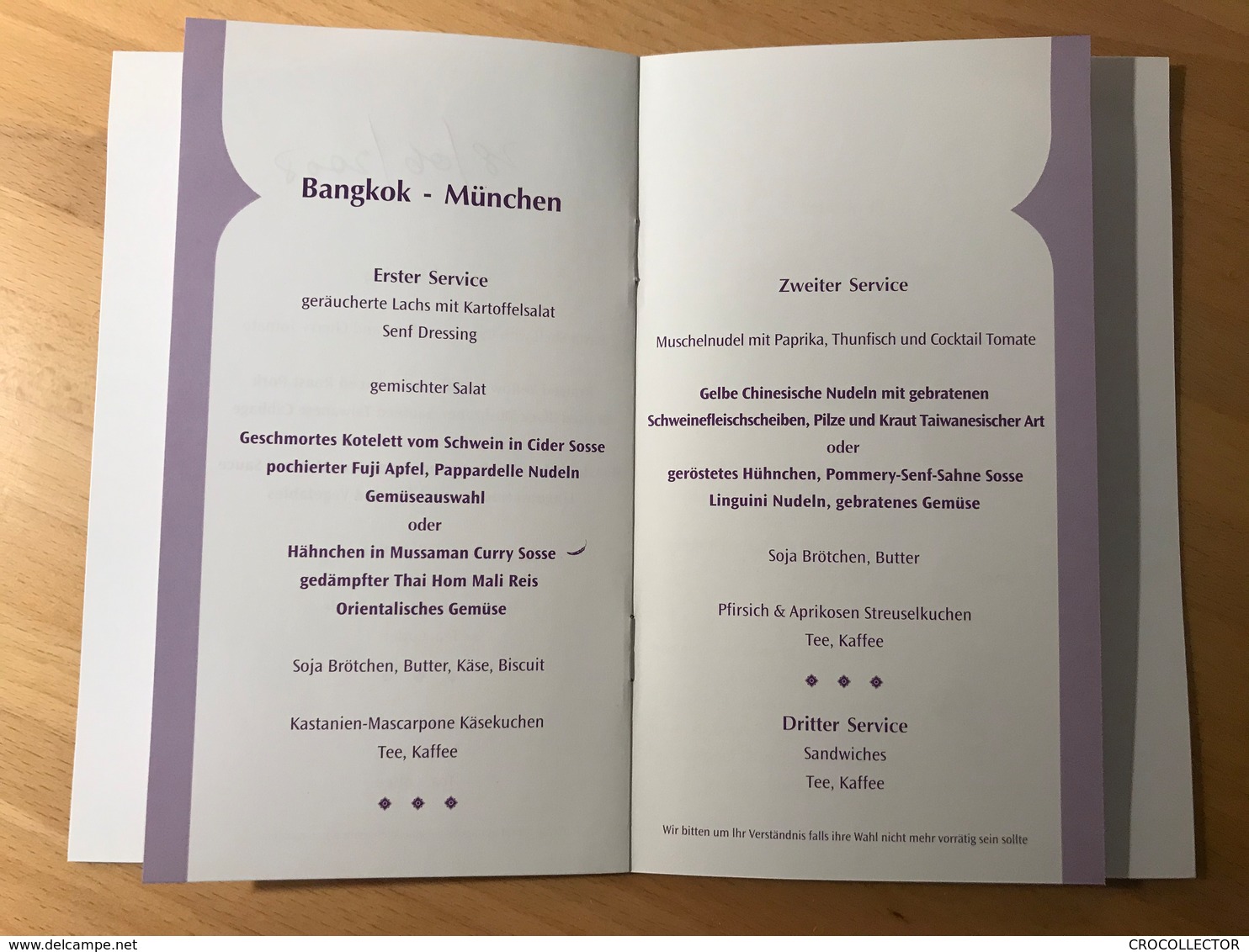 THAI AIRWAYS Taste Menu  Bangkok - Munich - TG924 Y MENU C: MAR/JUN/SEP/DEC - Menus