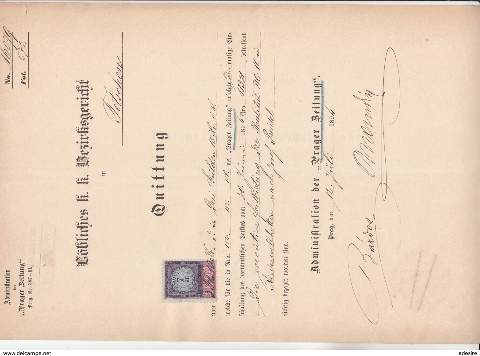 PRAGER ZEITUNG 1894 > QUITTUNG An Das K.K.Bezirksgericht TETSCHEN, 7 Kreuzer Stempelmarke, A3 Format, Gefaltet - Autriche