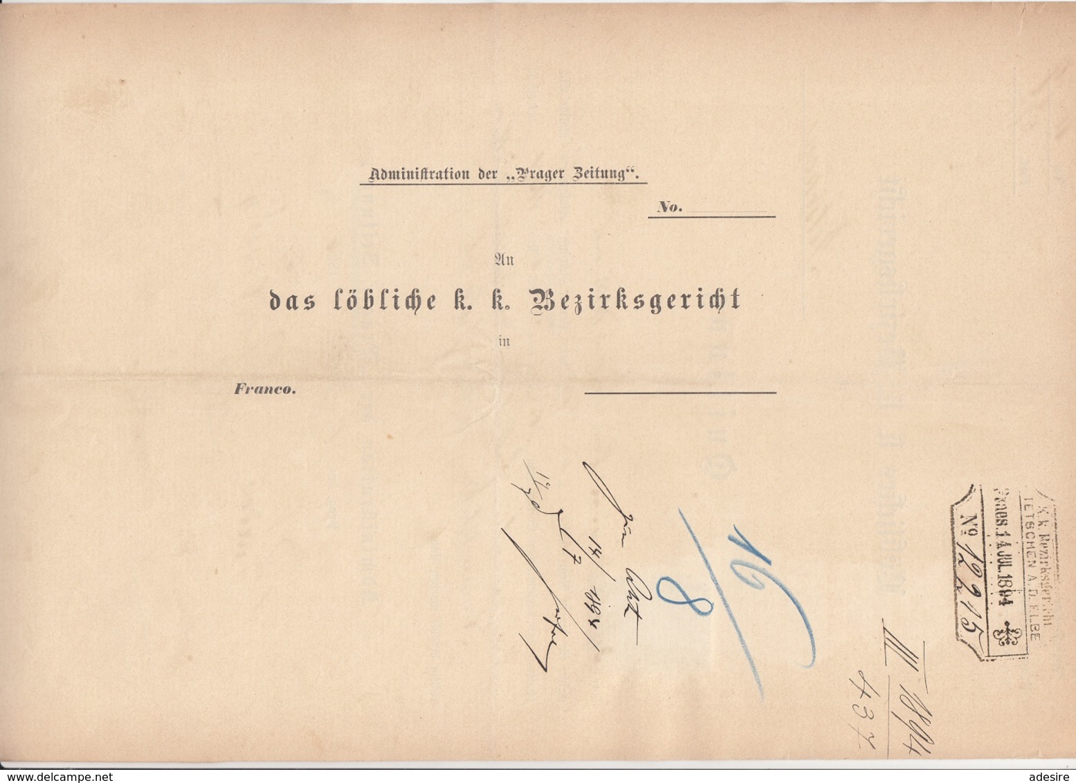 PRAGER ZEITUNG 1894 > QUITTUNG An Das K.K.Bezirksgericht TETSCHEN, 7 Kreuzer Stempelmarke, A3 Format, Gefaltet - Autriche