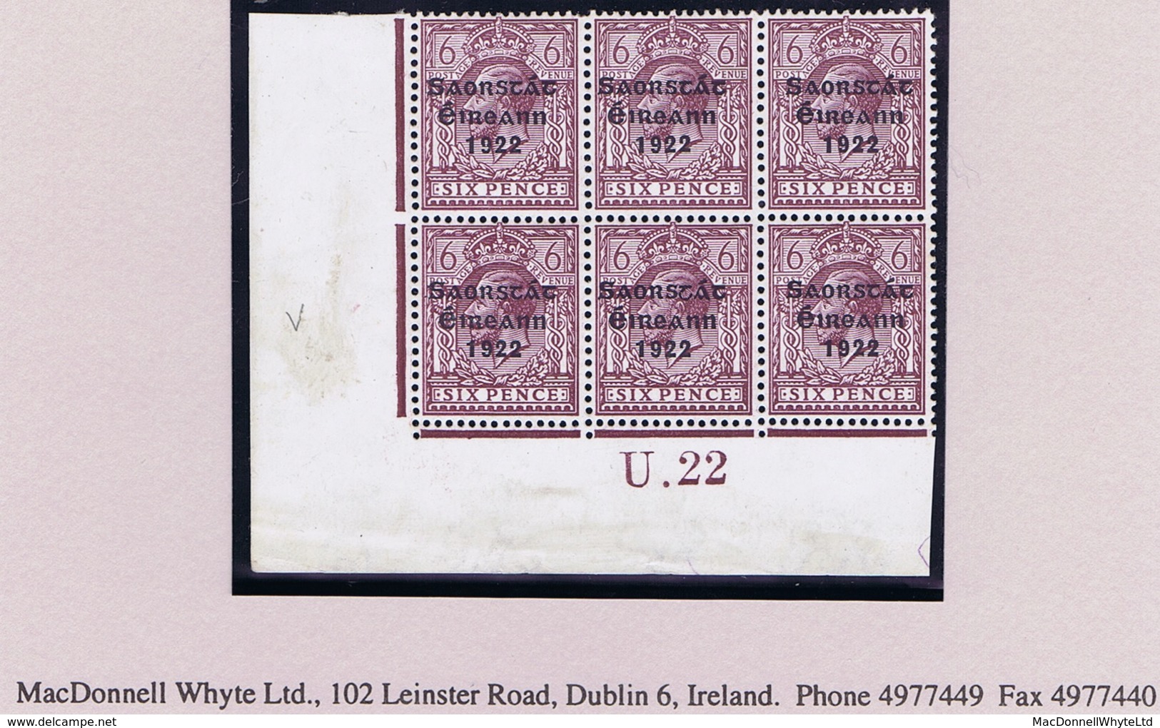 Ireland 1922-23 Thom Saorstat 6d Violet Control U 22 Imperf Corner Block Of Six Mint, Stamps Unmounted Never Hinged - Nuovi