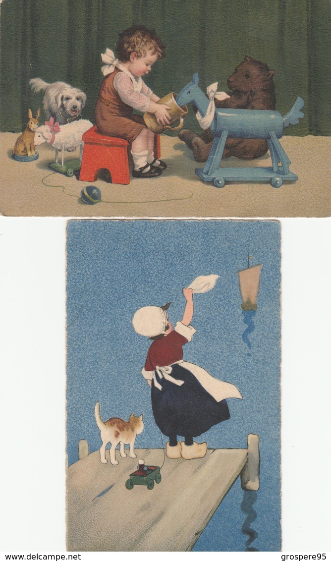 ENFANTS CHEVAL DE BOIS MOUTON A ROULETTES OURS LAPIN CHIEN FILLETTE CHAT 2 CARTES TRES BELLES - Escenas & Paisajes