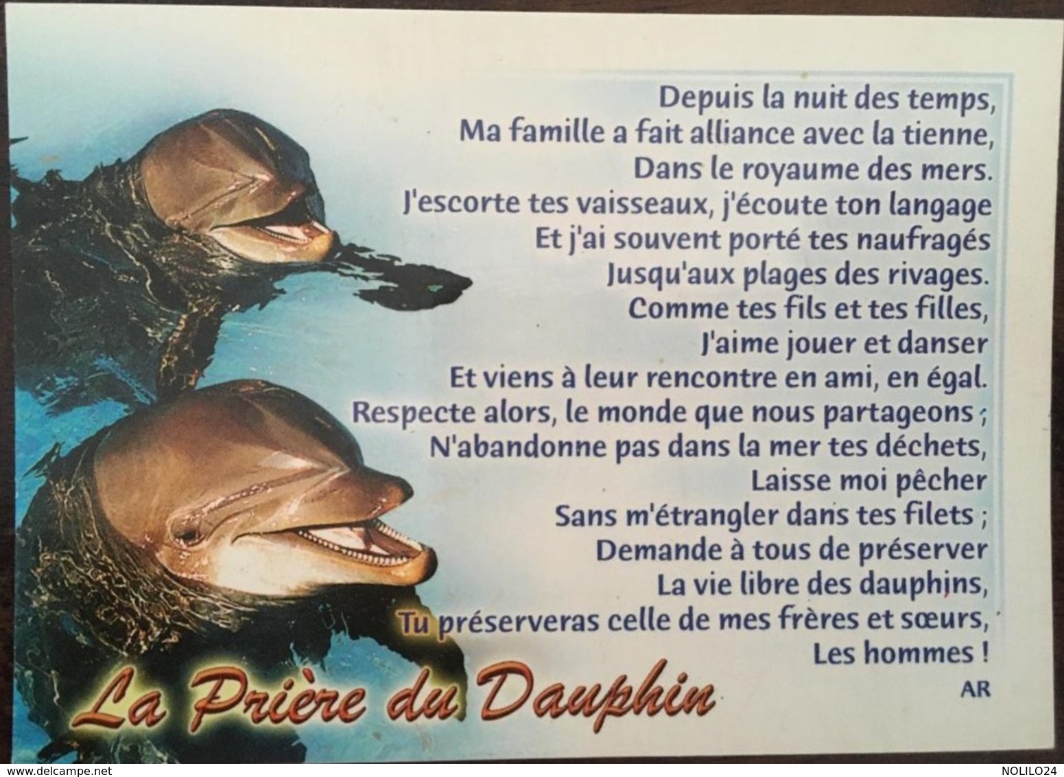 Mini Carte La Prière Du Dauphin, Texte Signé AR, éd Valoire-Estel, Photo Estel, Non écrite (10,5 X 7,5) - Delphine