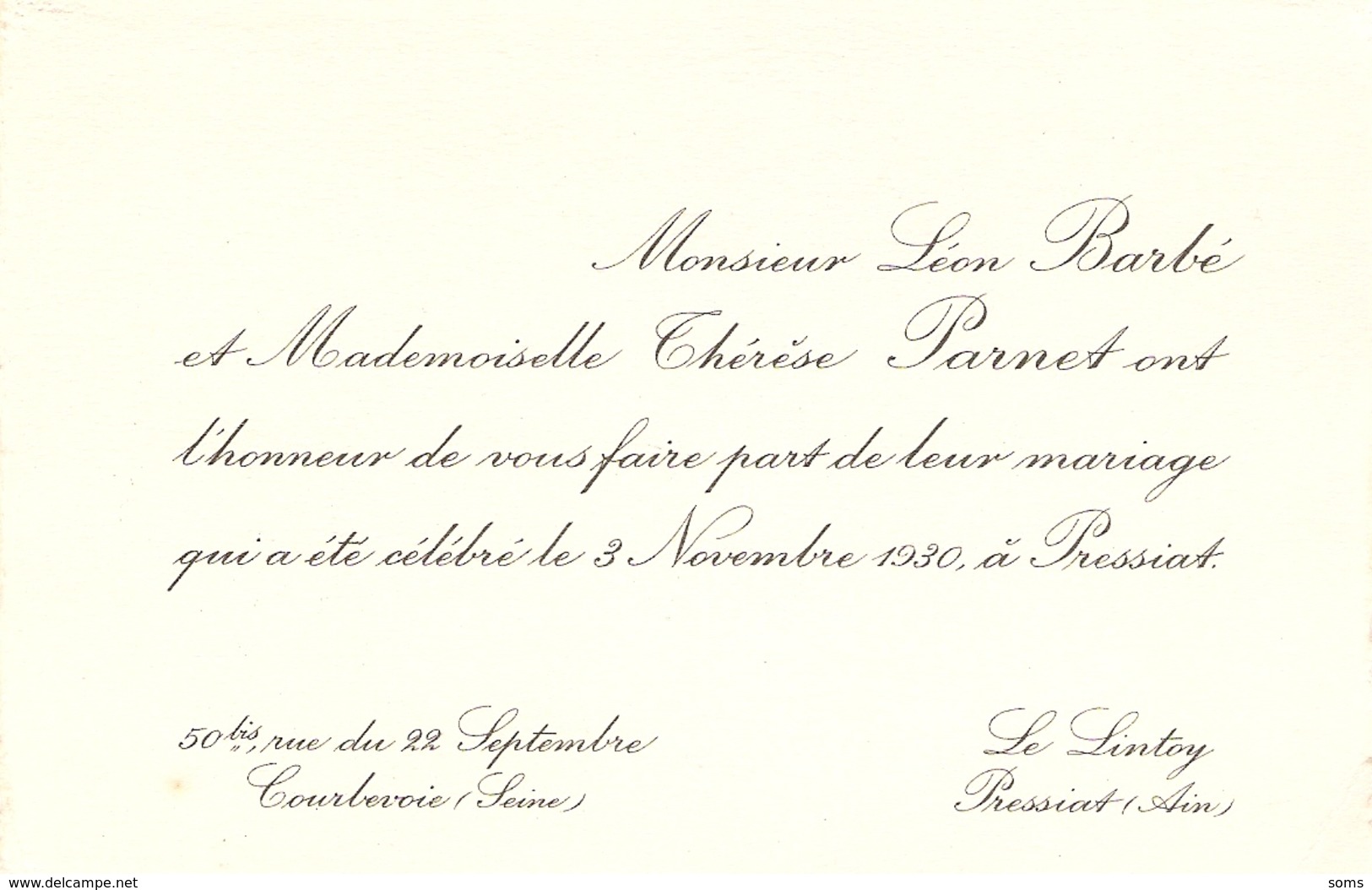 Faire-part De Mariage De 1930, Léon Barbé De Courbevoie Et Thérèse Parnet Du Lintoy à Pressiat (Ain) - Wedding