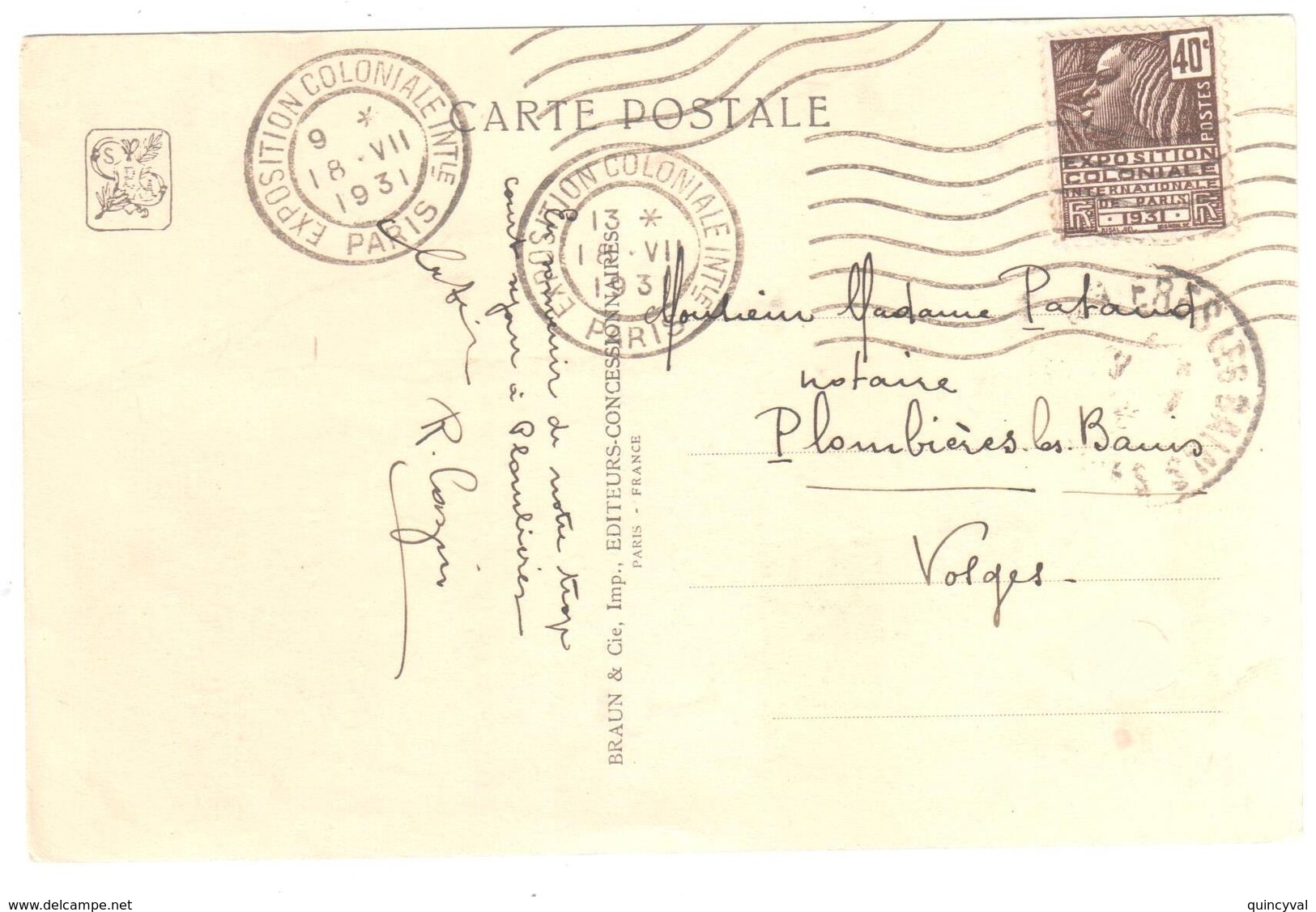 PARIS EXPOSITION COLONIALES INTle Carte Postale ANGKOR-VAT 40c Fashi Yv 271 Ob 1931 MECA Flier 7 Lignes Ondulées D121 - Lettres & Documents