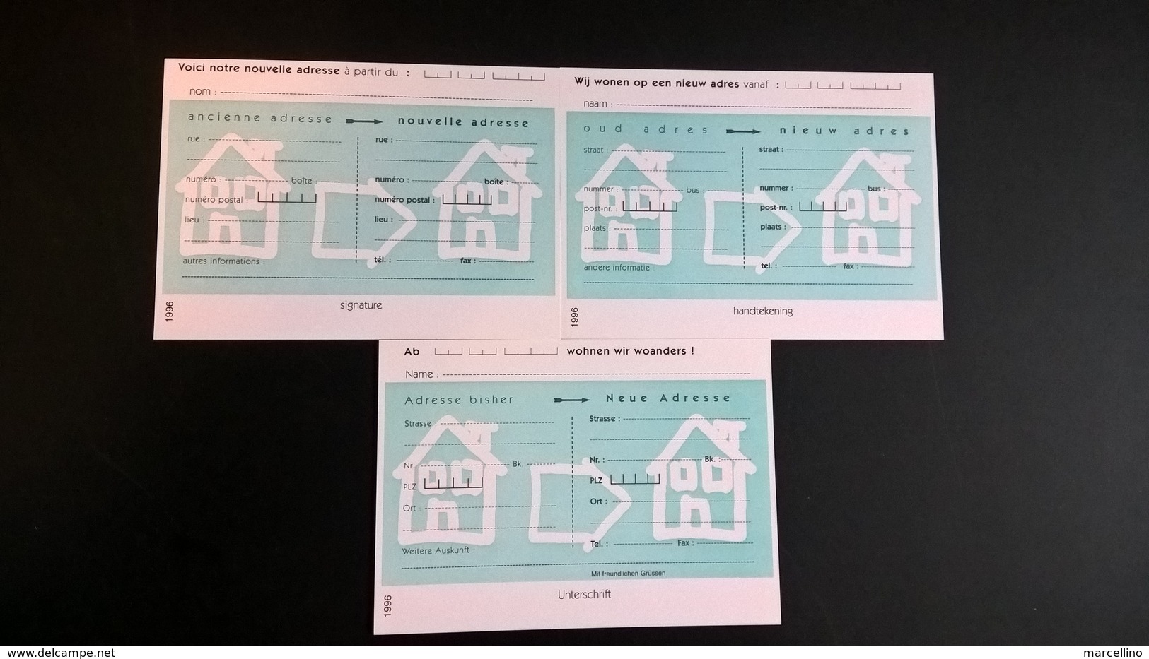 Avis Changement D'adresse 4 Series De 3 Cartes Différentes FR-NL-DE Timbre Albert II Bleu VP - Addr. Chang.