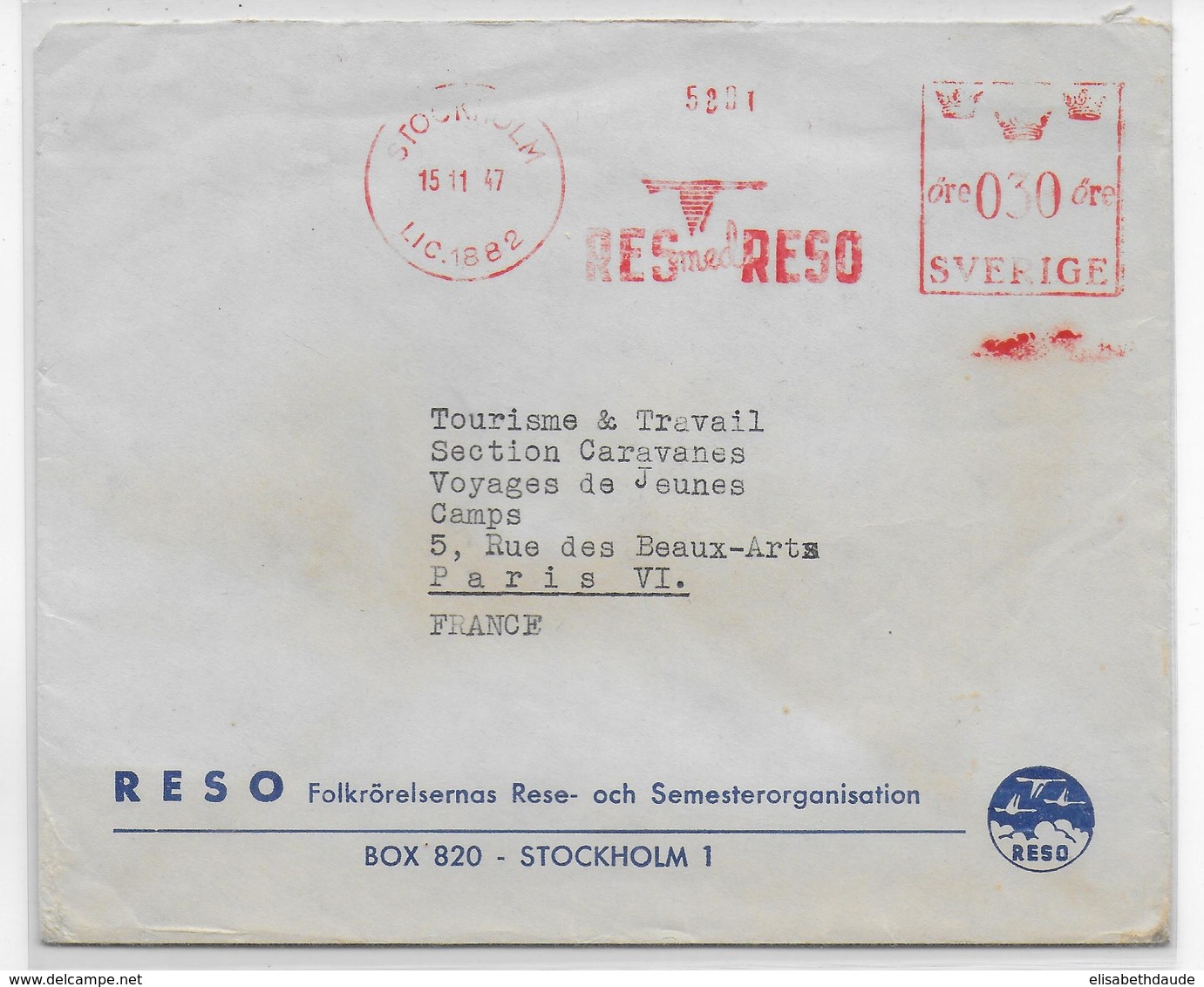 SVERIGE - 1947 - ENVELOPPE PUB Avec EMA (VOYAGES) De STOCKHOLM => PARIS - Storia Postale
