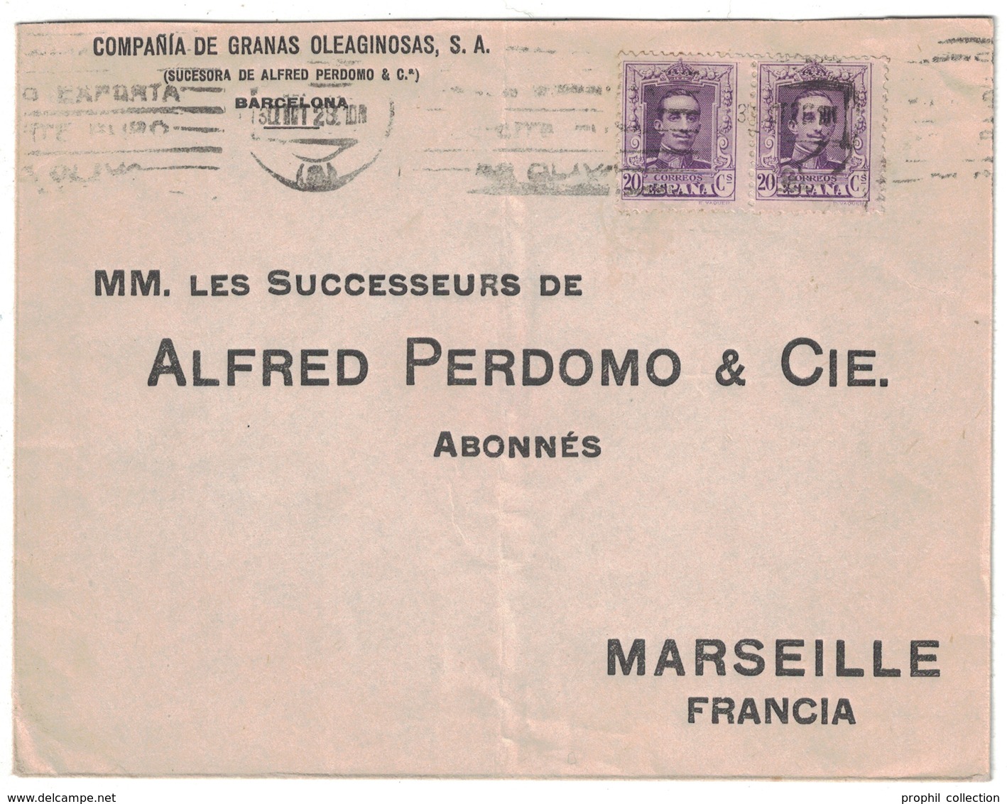 LETTRE COVER " COMPANIA DE GRANAS OLEAGINOSAS " BARCELONA ESPAGNE SPAIN Pour MARSEILLE FRANCE FRANCIA 1929 - Cartas & Documentos