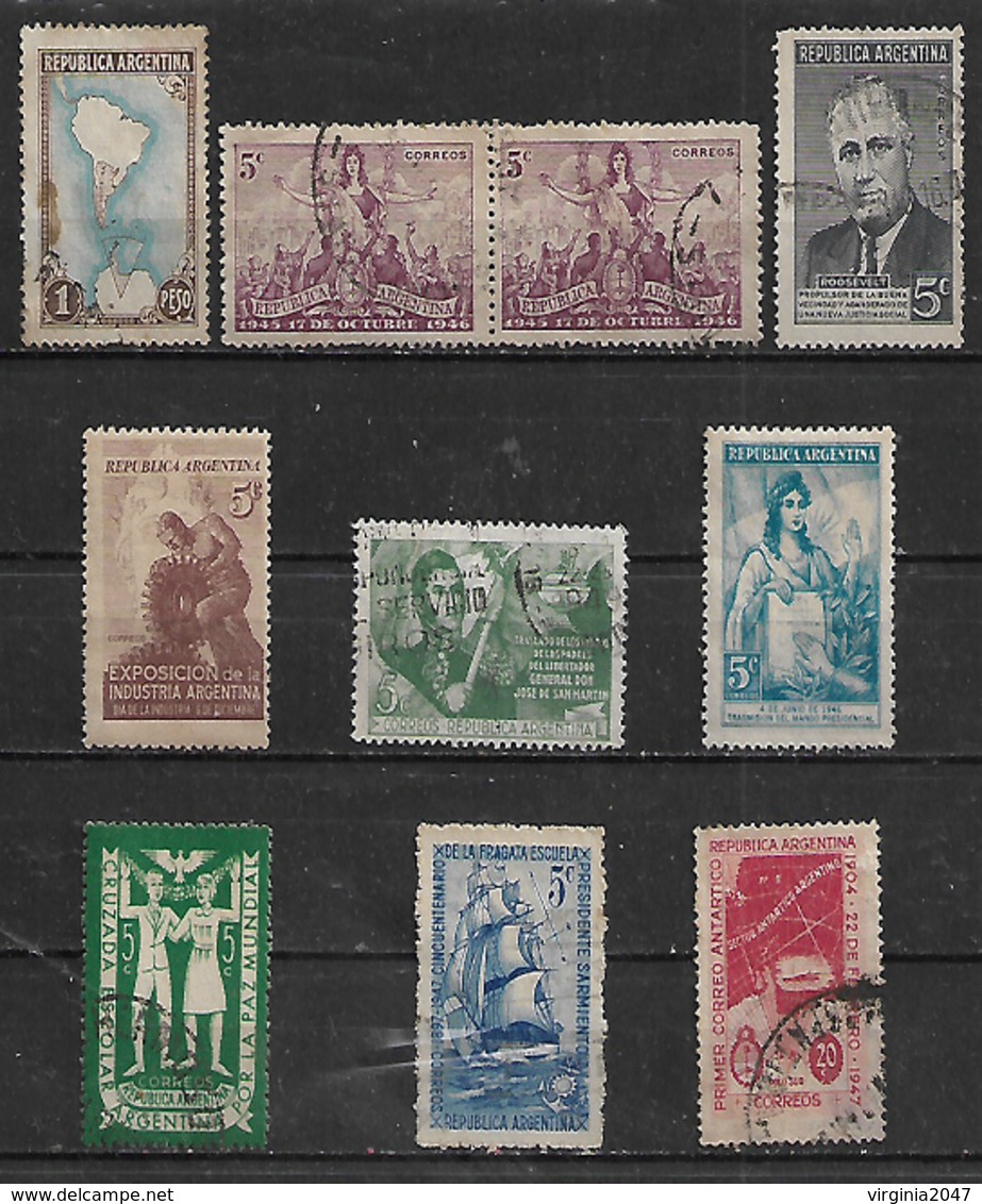 1946-7 Argentina Mapa-17 De Octubre-Roosevelt-industria-S.Martin-mando Presidencial-paz Mundial-correo-barco 10v. - Used Stamps