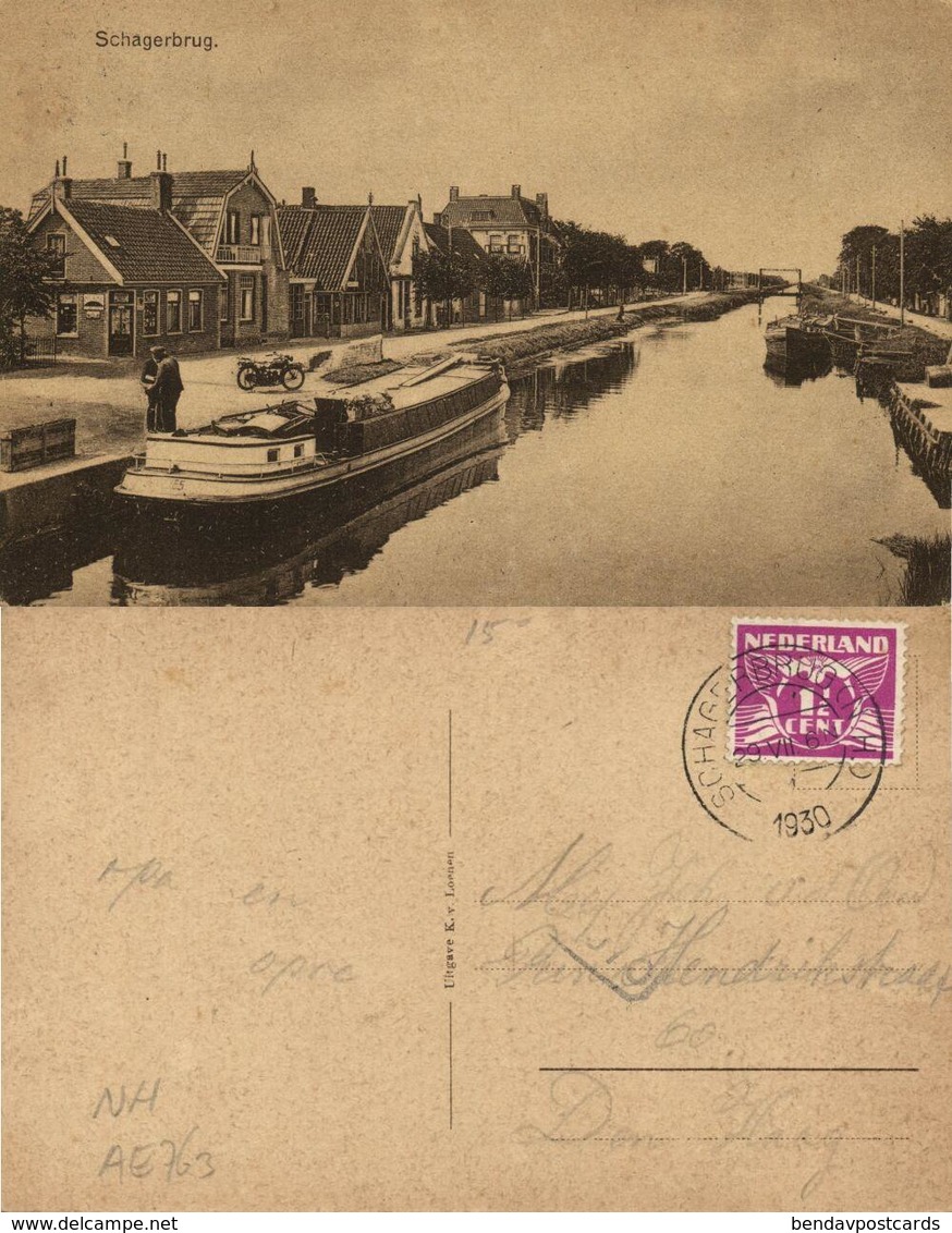 Nederland, SCHAGERBRUG, Schagen, Kanaal, Boot, Winkel (1930) Ansichtkaart - Schagen