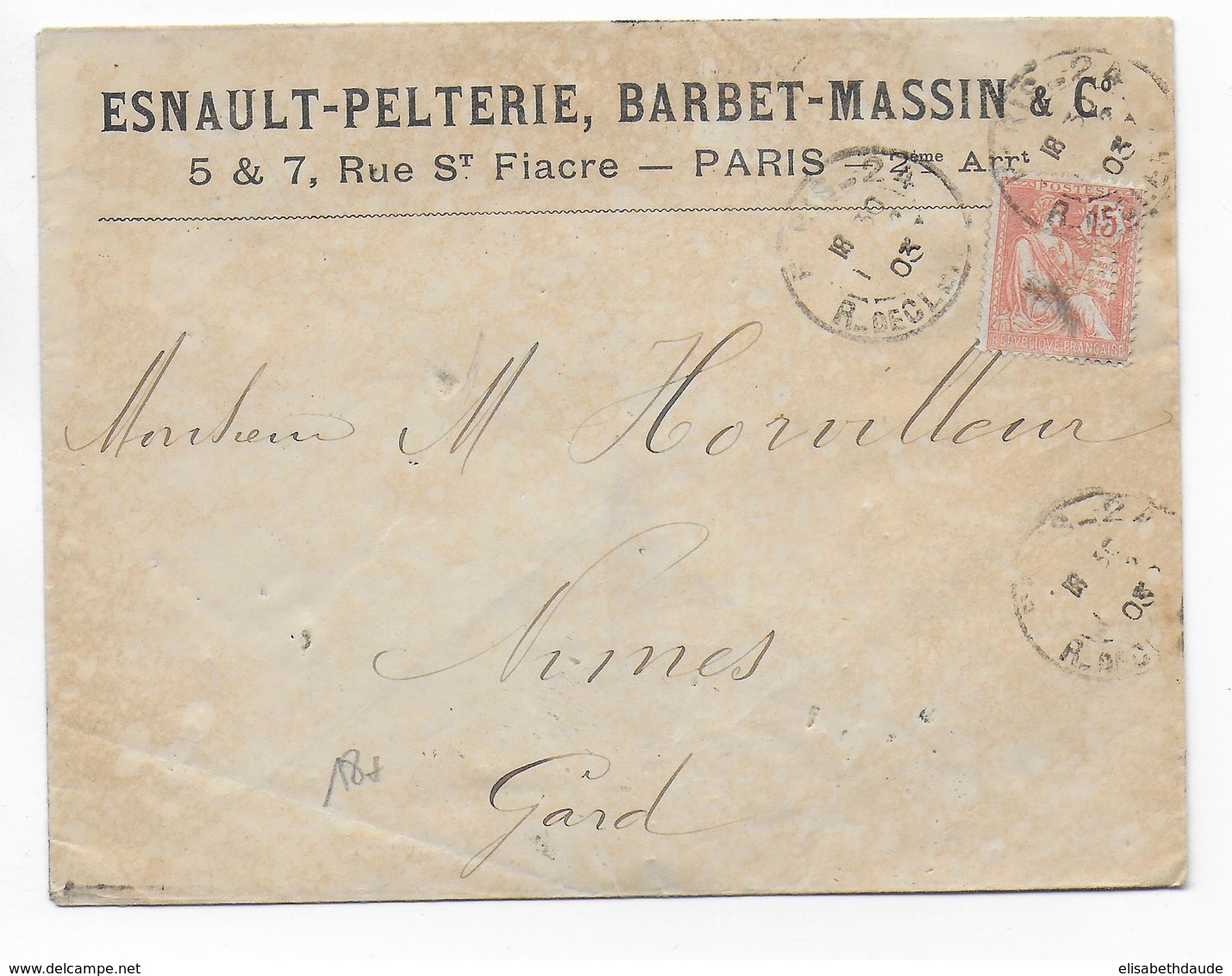 1903 - MOUCHON PERFORE / PERFIN ! ESNAULT-PELTERIE, BARBET-MASSIN Sur ENVELOPPE De PARIS => NIMES - Andere & Zonder Classificatie