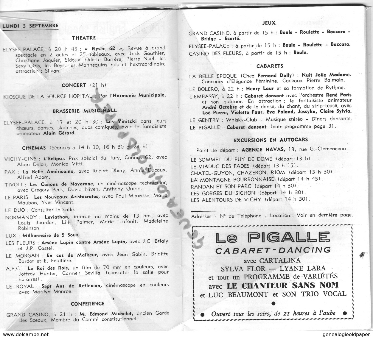 03- VICHY- PROGRAMME SEMAINE 3-9 SEPTEMBRE 1962-THEATRE-CONCERT-CABARET-CINEMA-CASINO-ROGER ALBIN-COLETTE GERARDIN TOSCA - Programs