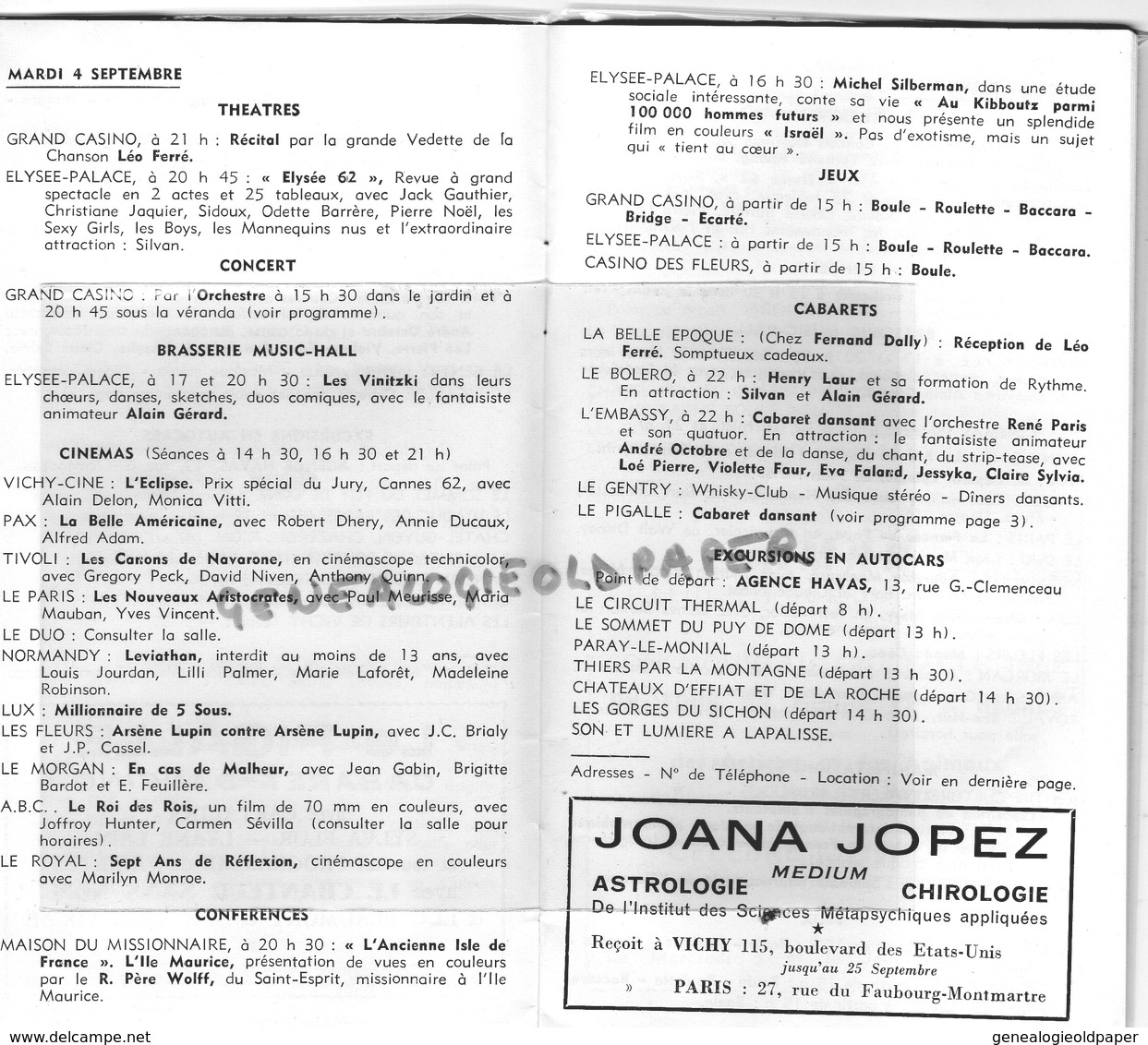 03- VICHY- PROGRAMME SEMAINE 3-9 SEPTEMBRE 1962-THEATRE-CONCERT-CABARET-CINEMA-CASINO-ROGER ALBIN-COLETTE GERARDIN TOSCA - Programas