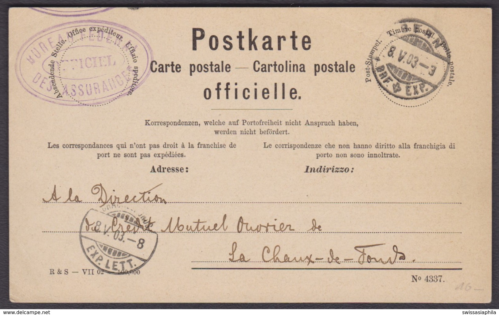 1903  POSTKARTE " BUREAU FEDERAL DES ASSURANCES " RUECKSEITIG BEDRUCKT - Stamped Stationery