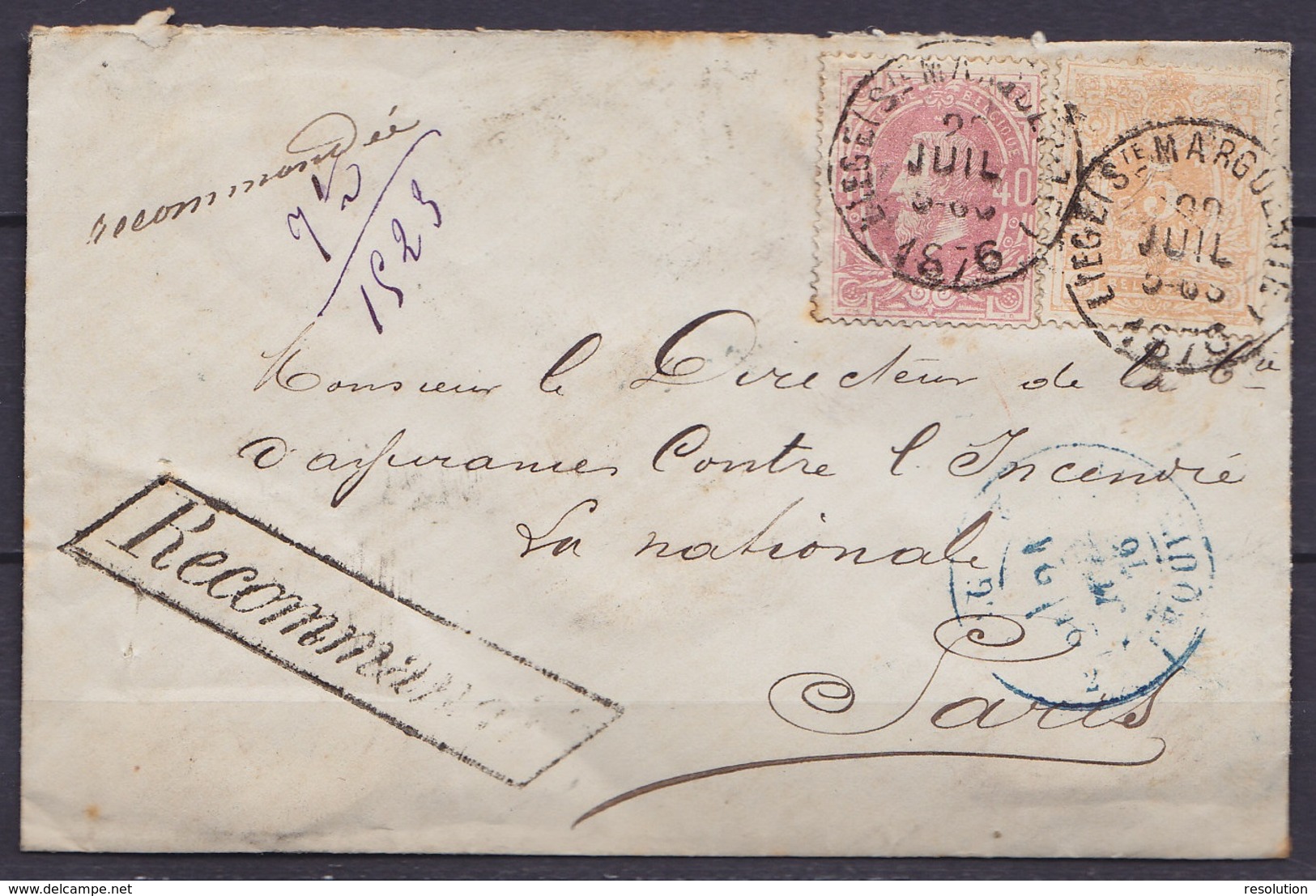 L. Recommandée Affr. N°28+34 Càd "LIEGE (Ste-MARGUERITE) /20 JUIL 1876 Pour PARIS - Griffe [Recommandé] - Càd "BELG. A E - 1869-1883 Leopoldo II