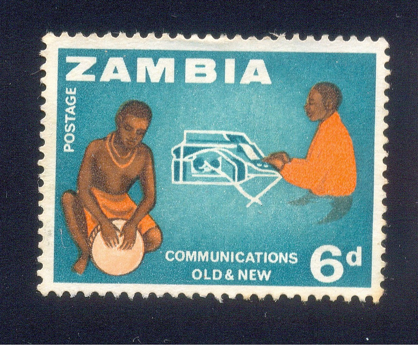 ZAMBIA 6D UNUSED STAMP 42999 COMMUNICATIONS OLD AND NEW TYPEWRITER - Zambia (1965-...)