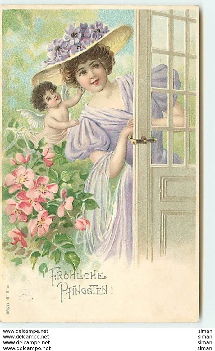 N°7691 - Carte Fantaisie Gaufrée - Fröhliche Pfingsten - Femme Et Angelot - Frauen