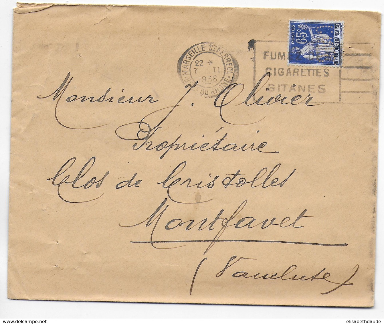 1938 - PAIX PERFORE / PERFIN ! "CMC" Sur ENVELOPPE De MARSEILLE - Other & Unclassified
