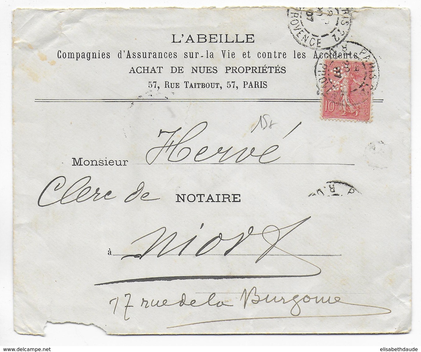 1907 - SEMEUSE - PERFORE / PERFIN ! ASSURANCE L'ABEILLE Sur ENVELOPPE De PARIS => NIORT - Autres & Non Classés