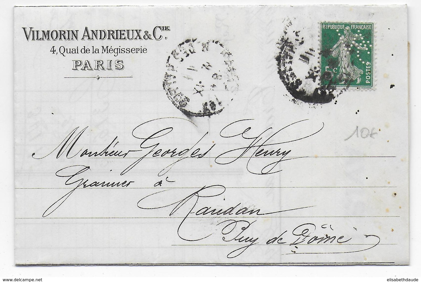 1911 - SEMEUSE - PERFORE / PERFIN ! VILMORIN ANDRIEUX Sur LETTRE De PARIS - Autres & Non Classés