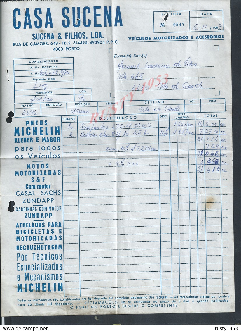 PORTUGAL FACTURE DE 1987 CASA SUCENA VEICUOS MOTORIZADOS ( MOTO ) PNEUS MICHELIN ECT PORTO : - Portugal