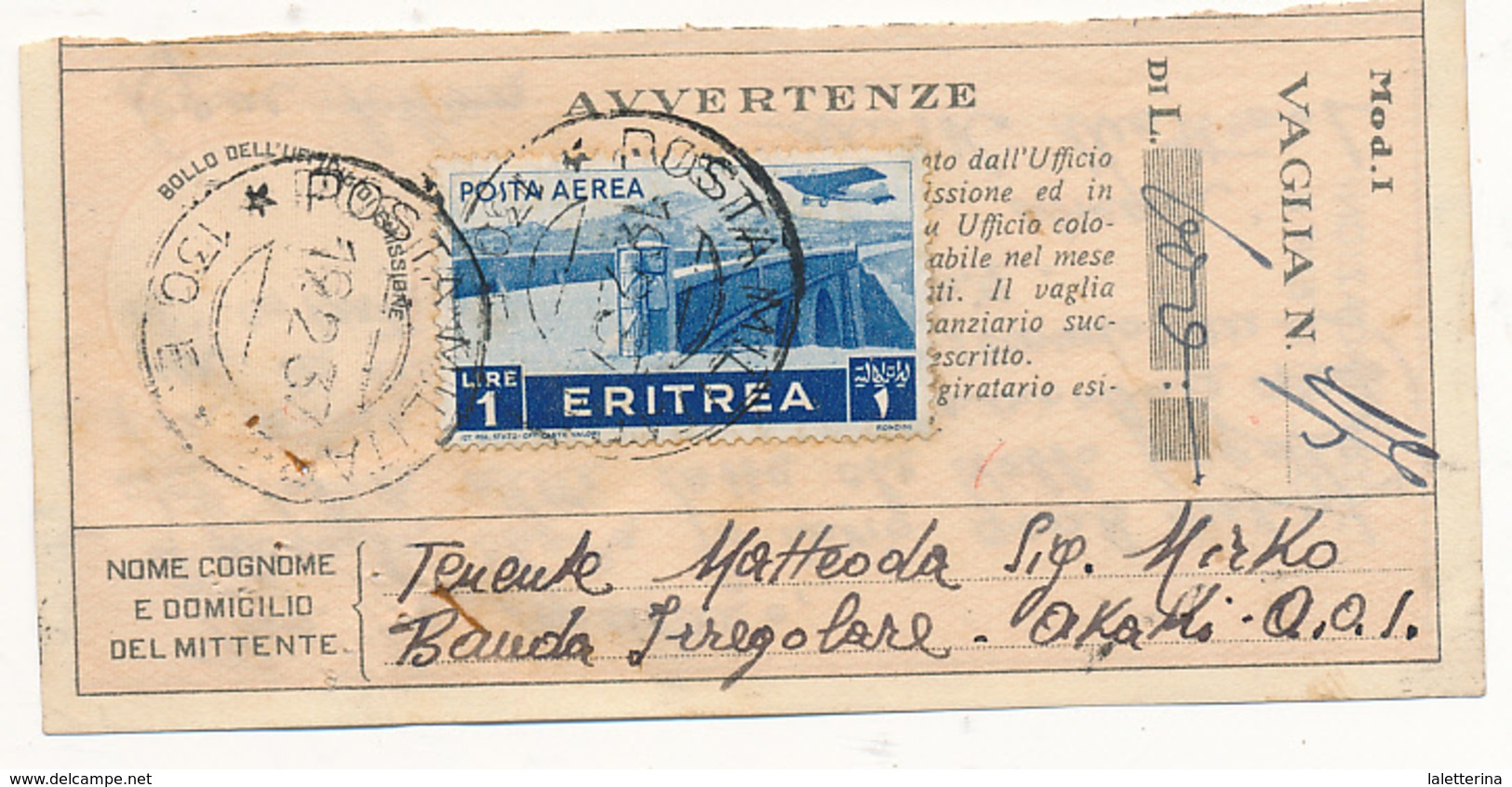 1937 COLONIE ITALIANE ERITREA 1 LT PA ISOLATO SU  CEDOLINO VAGLIA POSTA MILITARE 130 - Marcophilie
