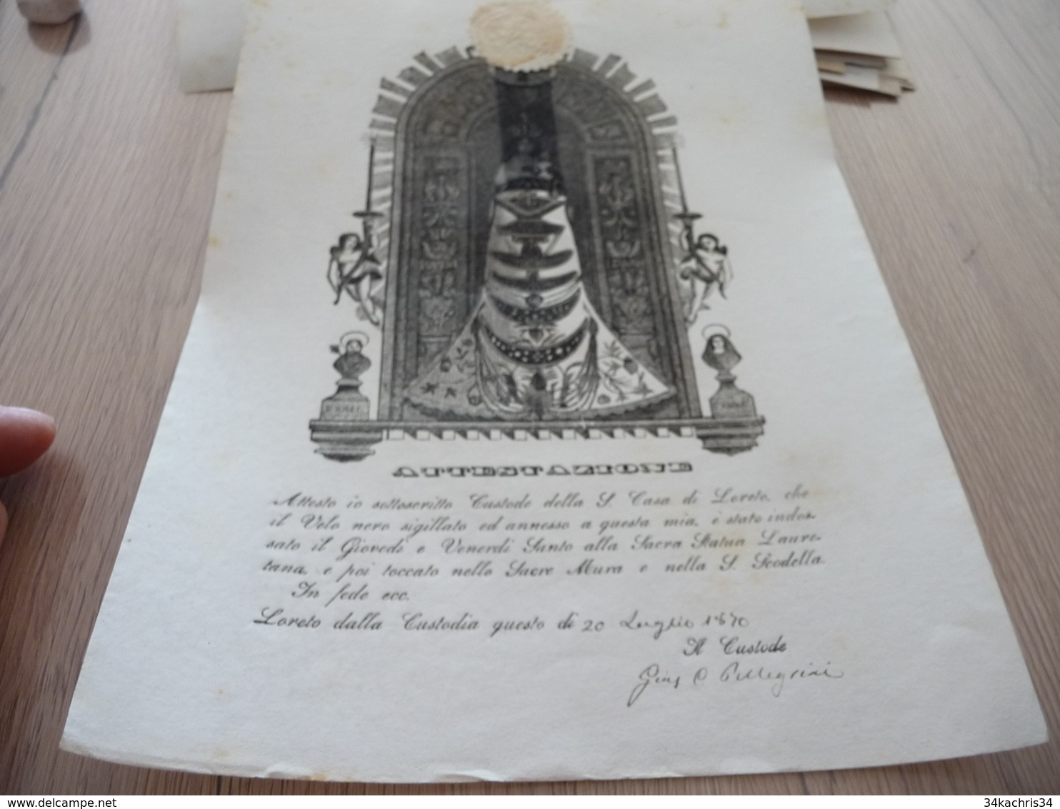 Religion Attestation Attestazione Formule Signée Autographe Sceau 1870 Casa Di Loreto - Religione & Esoterismo